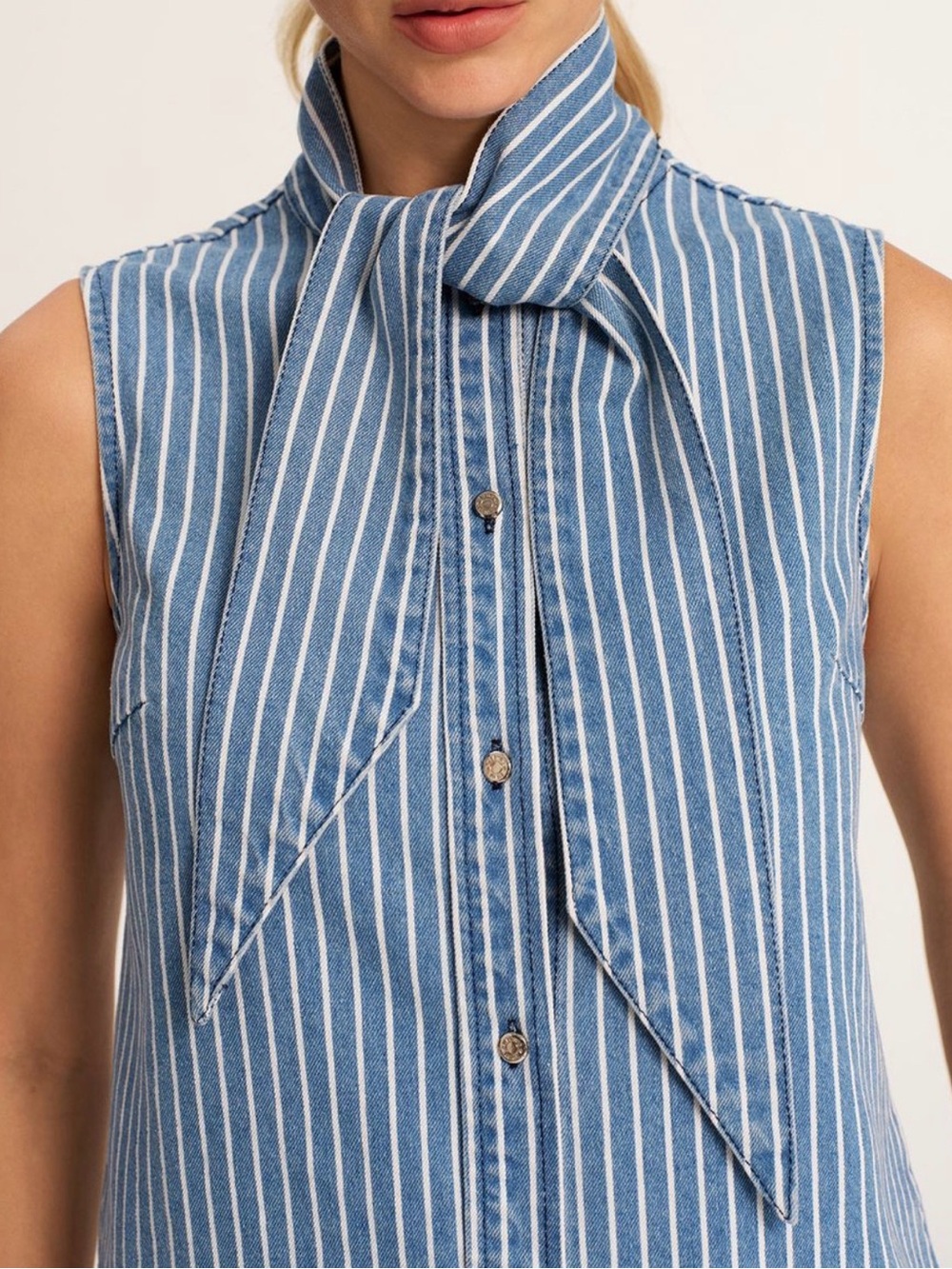Commense Striped Tie Neck Sleeveless Denim Blouse